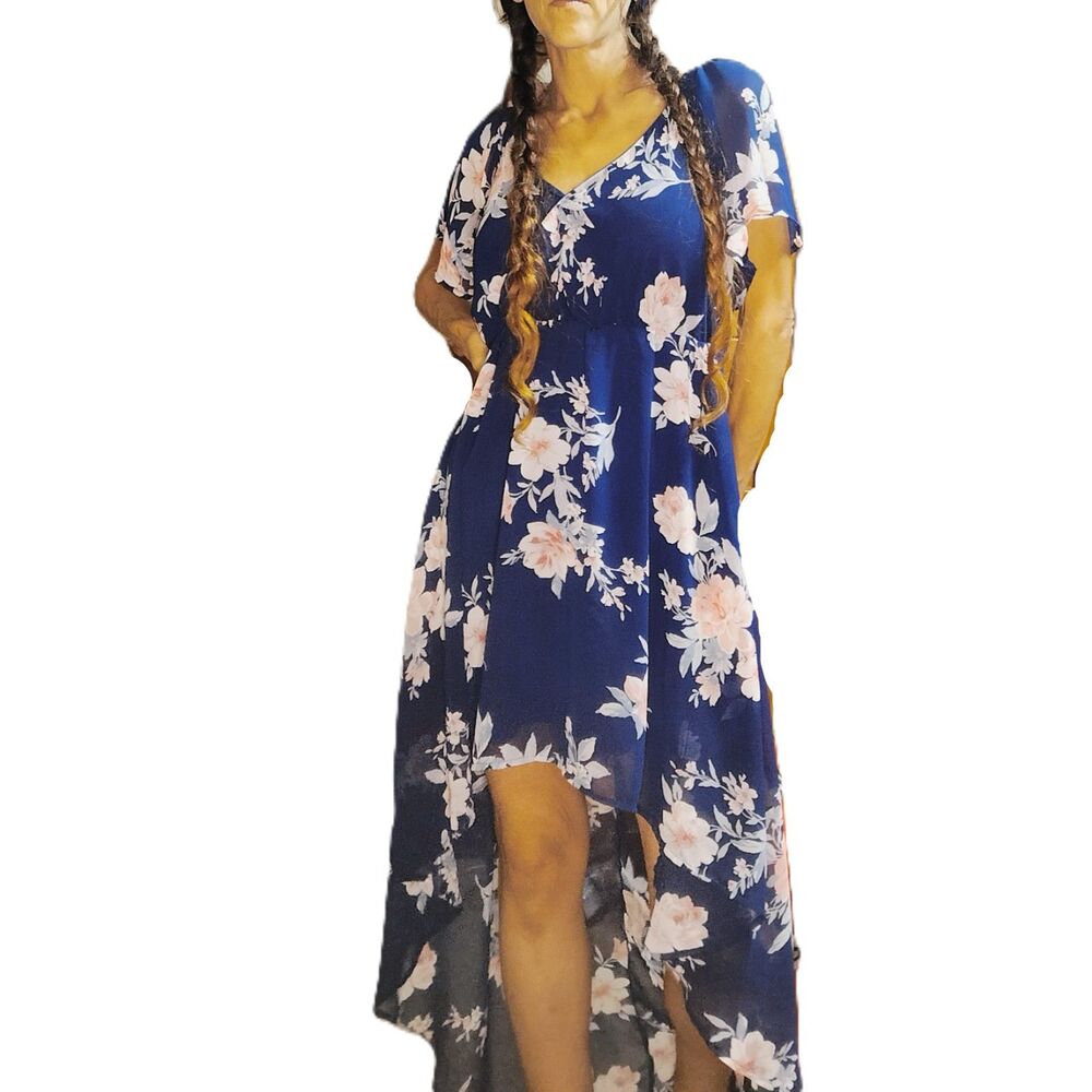 Lily Rose ~ Blue Sheer Floral High-Low Wrap Midi Dress ~ Size Small